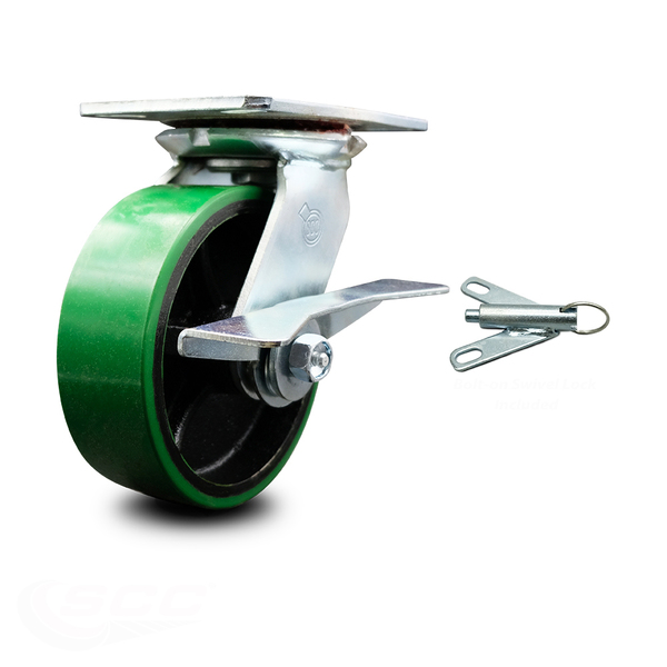 Service Caster 6 Inch Green Poly on Cast Iron Caster with Roller Bearing and Brake/Swivel Lock SCC-35S620-PUR-GB-SLB-BSL